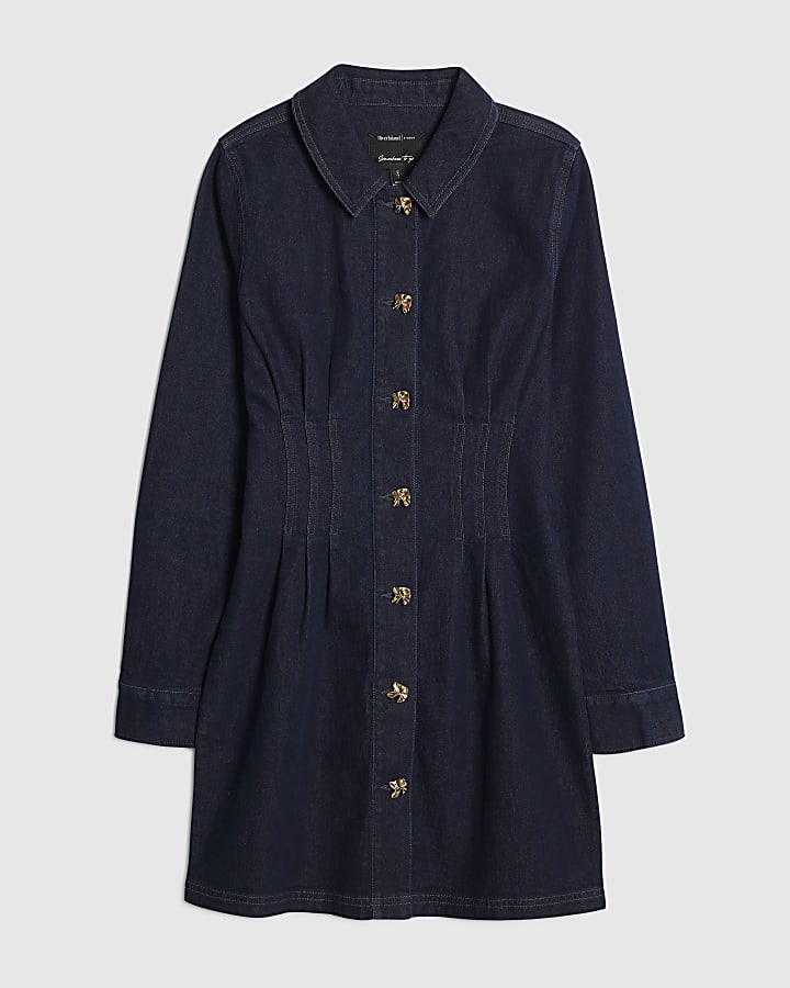 river island Blue Denim Cinched Waist Mini Dress