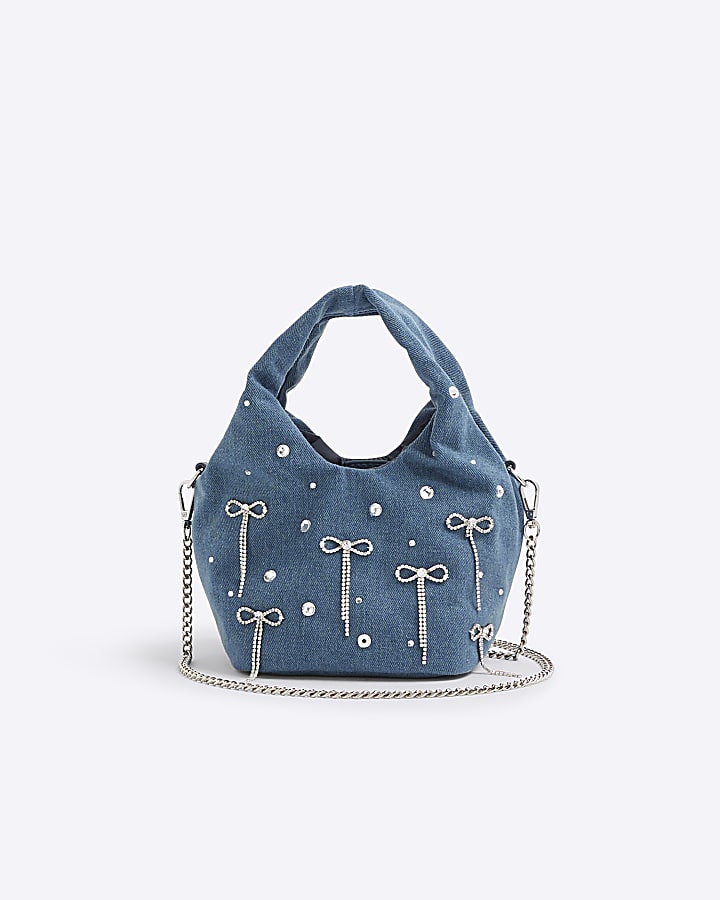 River Island Blue Denim Diamante Bow Grab Bag