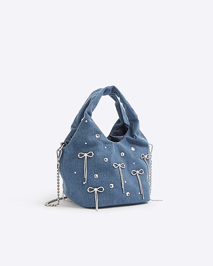 River Island Blue Denim Diamante Bow Grab Bag