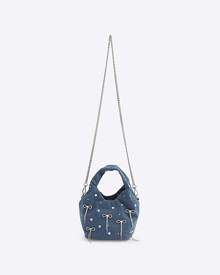 River Island Blue Denim Diamante Bow Grab Bag