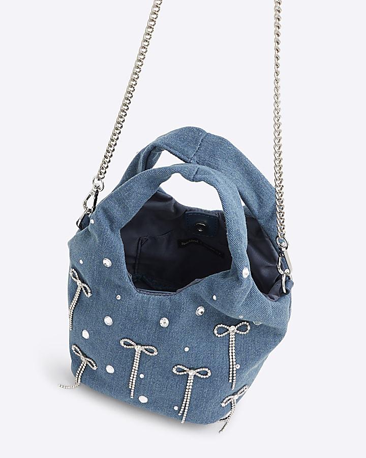 river island Blue Denim Diamante Bow Grab Bag