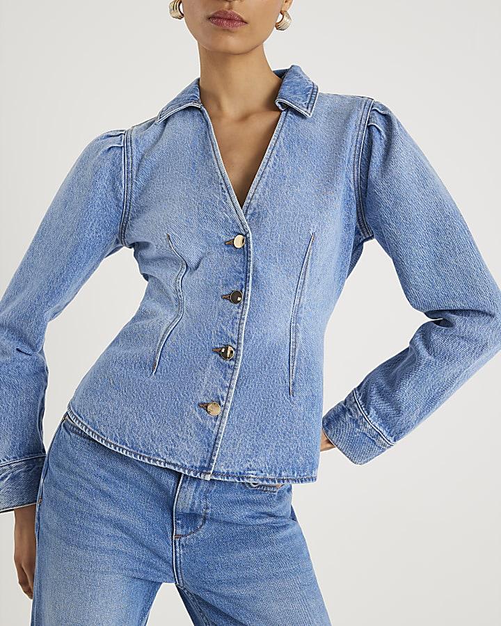 River Island Blue Denim Long Puff Sleeve Jacket