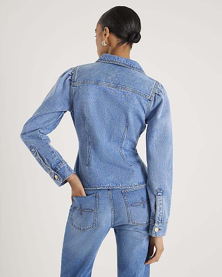 River Island Blue Denim Long Puff Sleeve Jacket