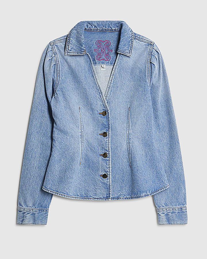 river island Blue Denim Long Puff Sleeve Jacket
