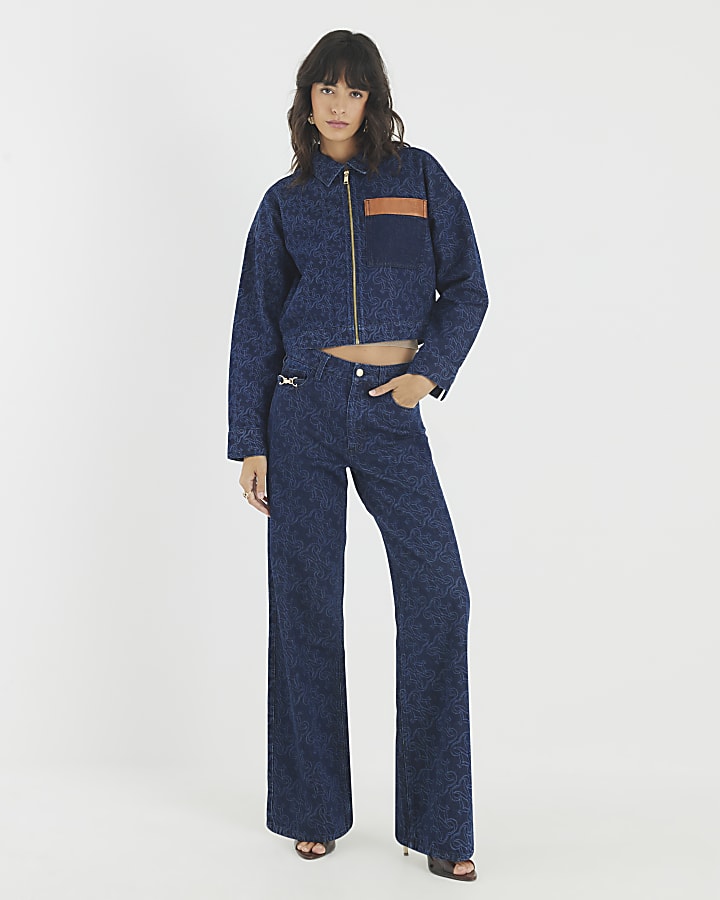 River Island Blue Denim Monogram Print Jacket