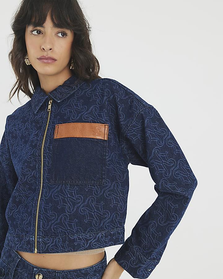 River Island Blue Denim Monogram Print Jacket