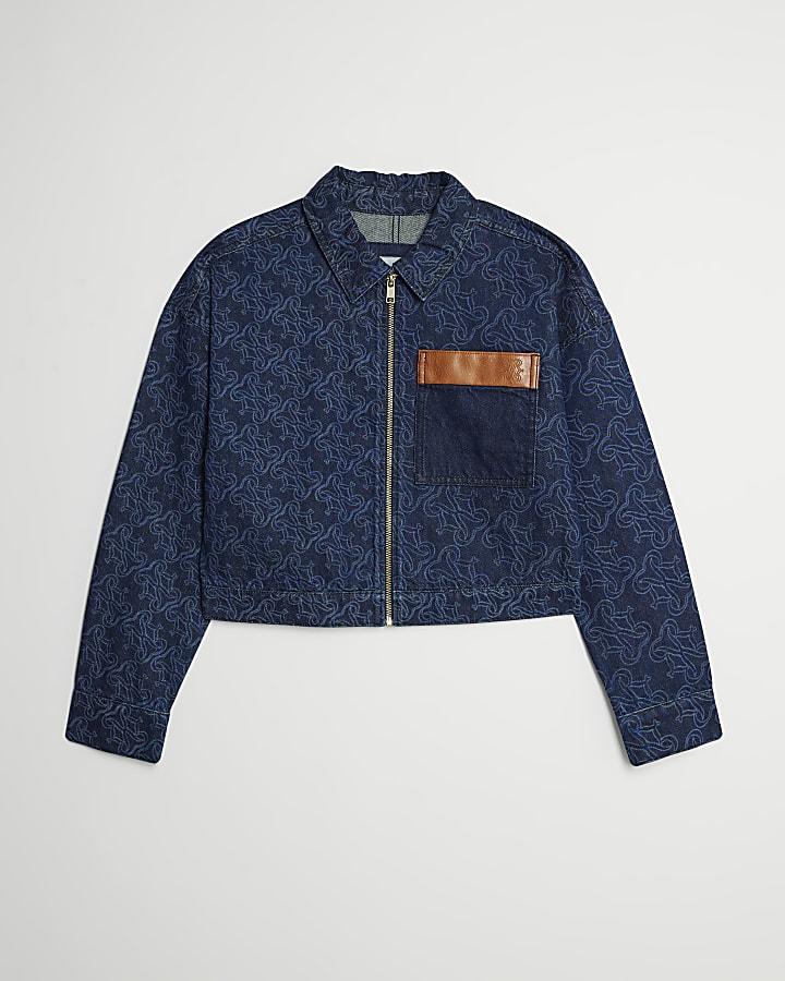 river island Blue Denim Monogram Print Jacket