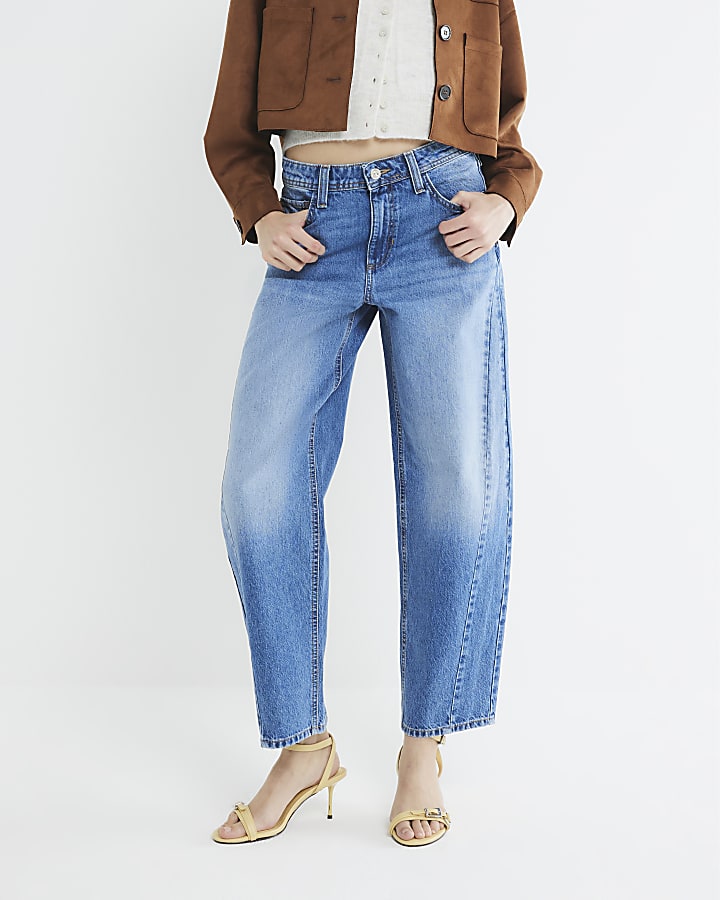 River Island Blue Denim Seamed Barrel Jeans