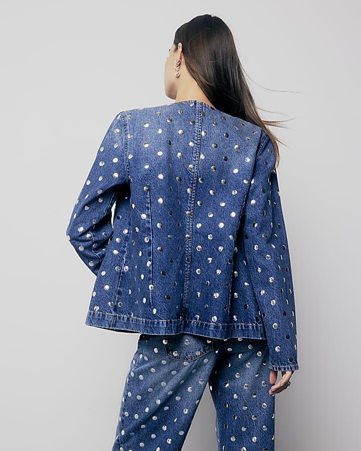 River Island Blue Denim Studded Blazer