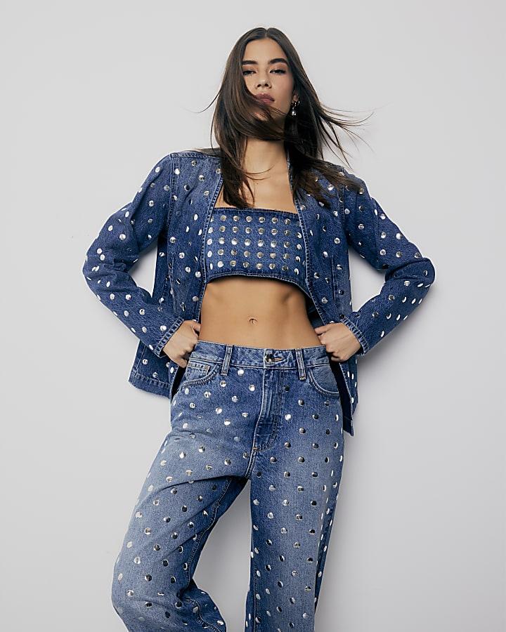River Island Blue Denim Studded Crop Top