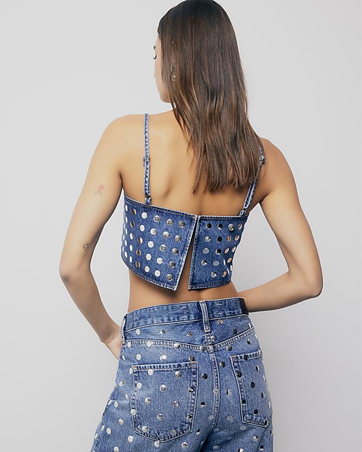 River Island Blue Denim Studded Crop Top
