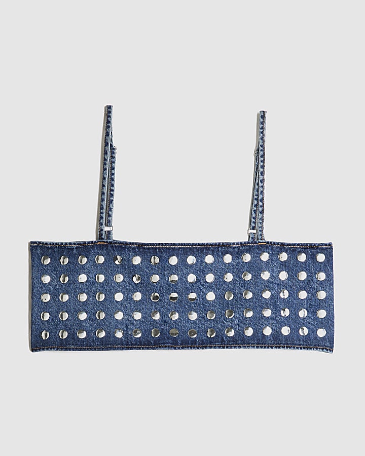 river island Blue Denim Studded Crop Top
