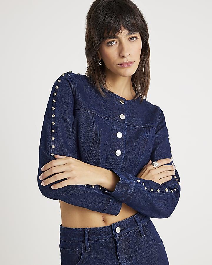 River Island Blue Denim Studded Cropped Jacket