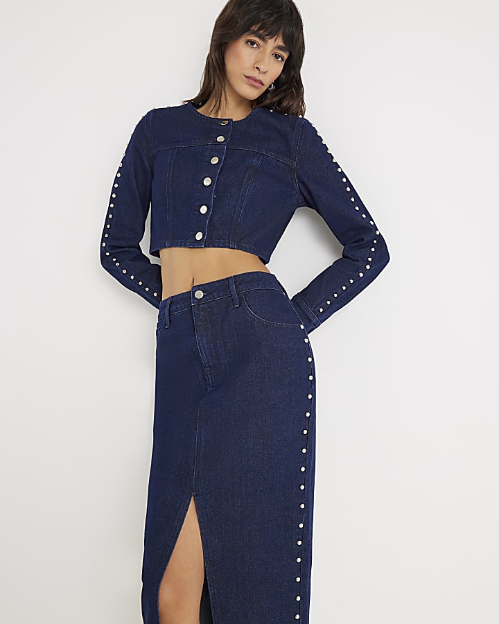 River Island Blue Denim Studded Cropped Jacket