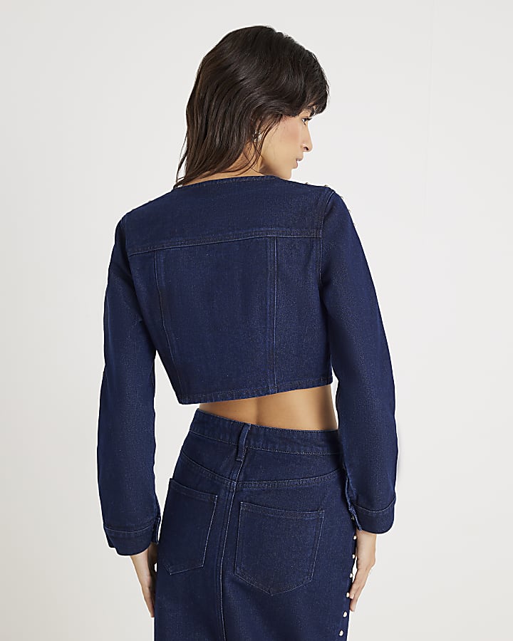 River Island Blue Denim Studded Cropped Jacket