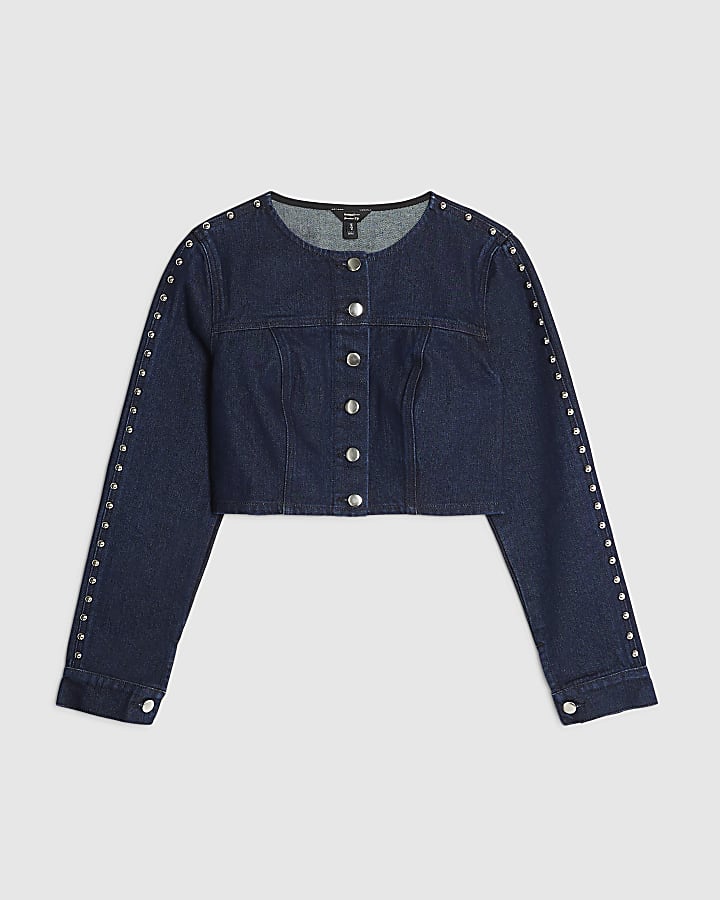 river island Blue Denim Studded Cropped Jacket
