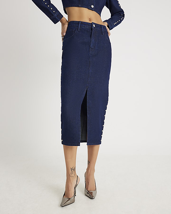 River Island Blue Denim Studded Midi Pencil Skirt