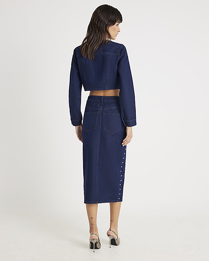 River Island Blue Denim Studded Midi Pencil Skirt
