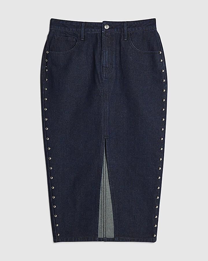 river island Blue Denim Studded Midi Pencil Skirt