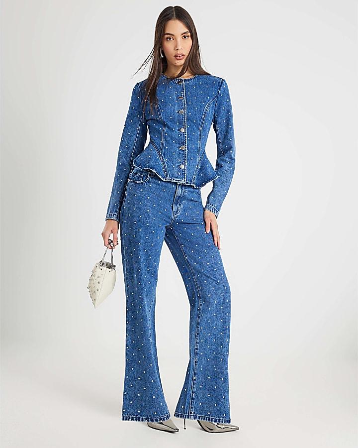 River Island Blue Diamante Peplum Denim Jacket