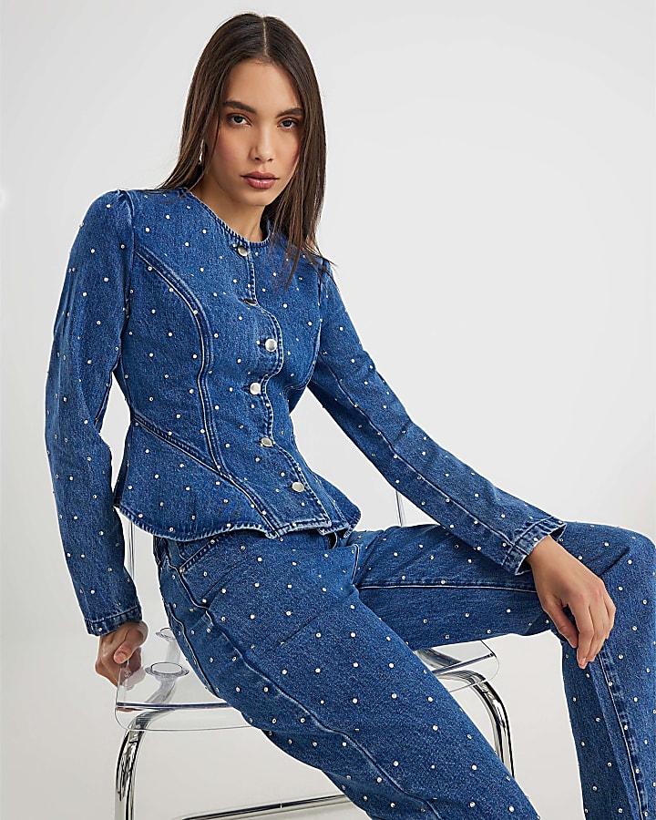 River Island Blue Diamante Peplum Denim Jacket