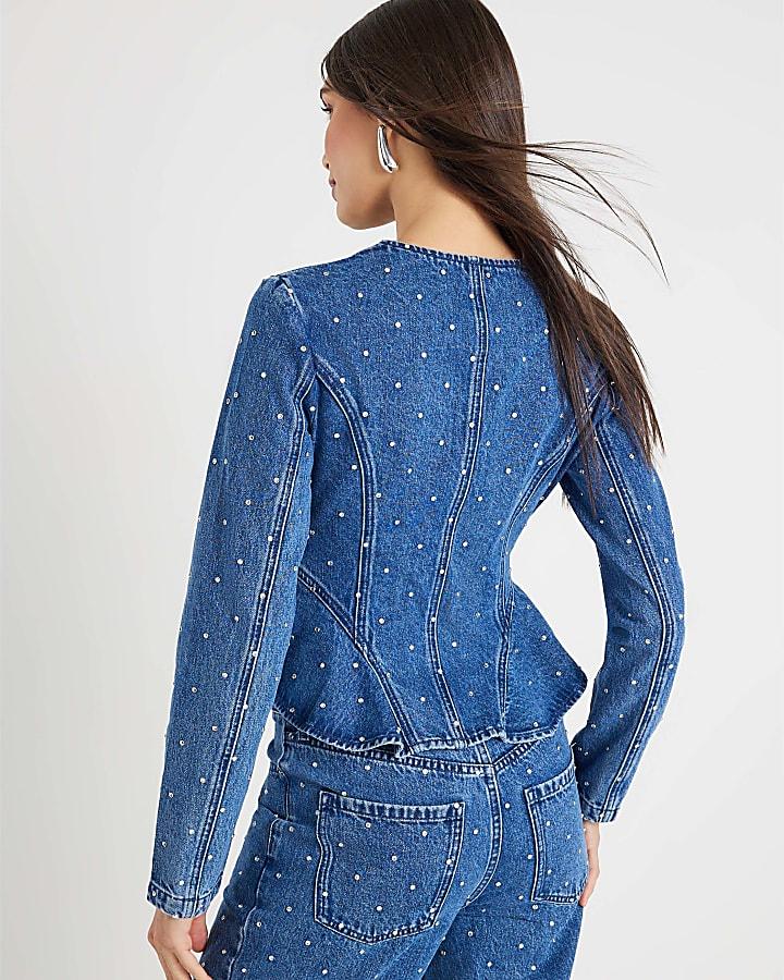 River Island Blue Diamante Peplum Denim Jacket