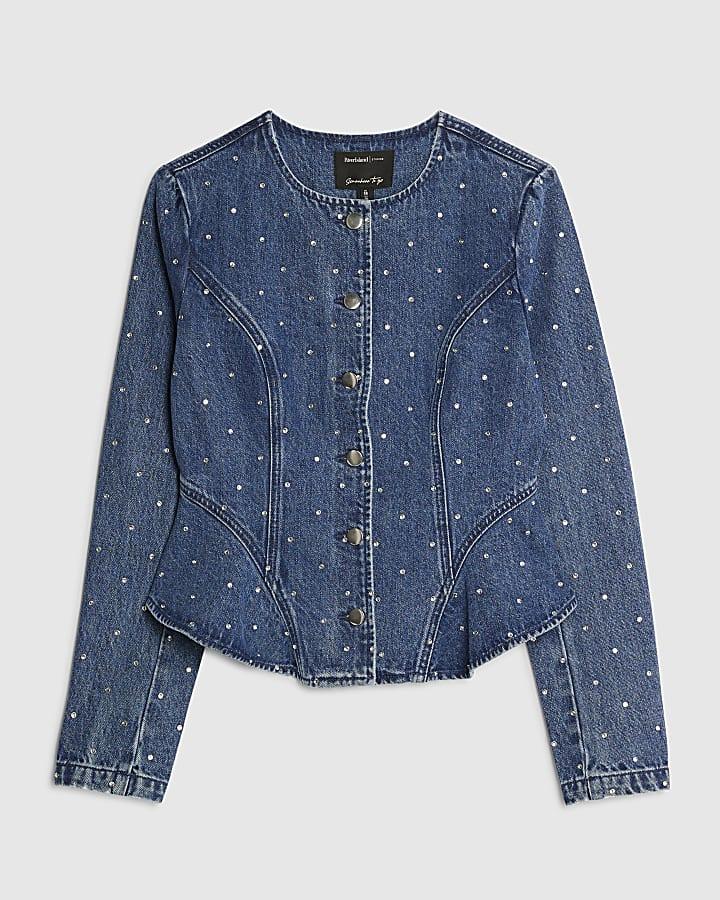 river island Blue Diamante Peplum Denim Jacket