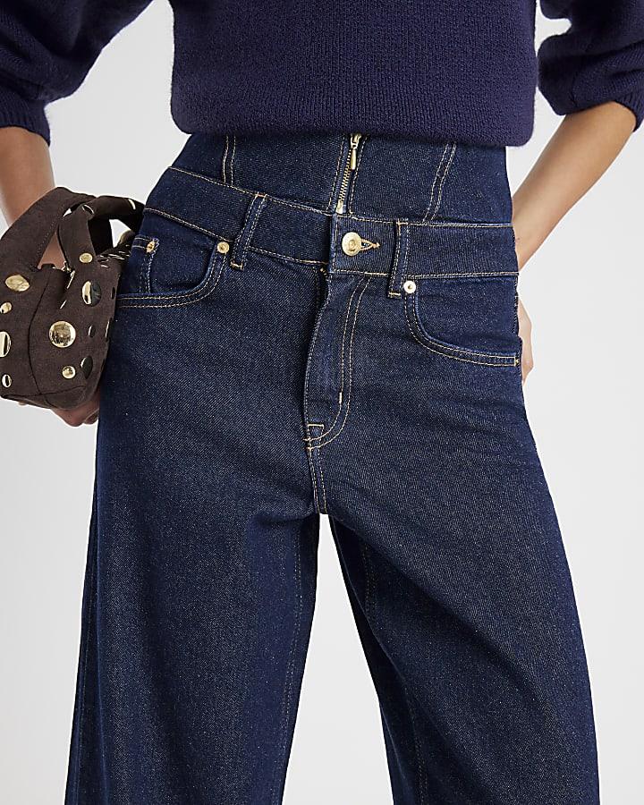River Island Blue Double Waistband Wide Leg Jeans