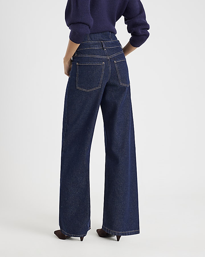 River Island Blue Double Waistband Wide Leg Jeans
