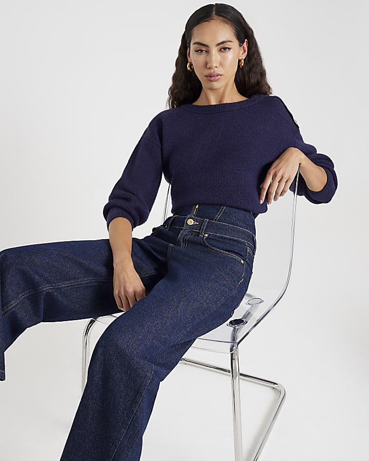 River Island Blue Double Waistband Wide Leg Jeans