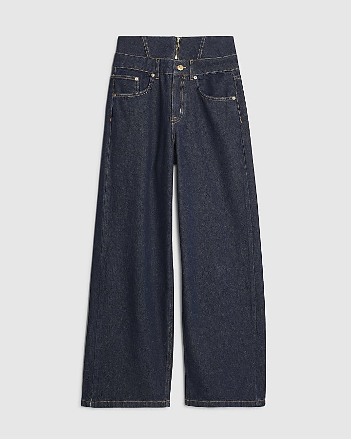 river island Blue Double Waistband Wide Leg Jeans