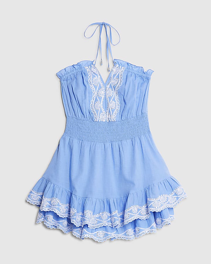 river island Blue Embroidered Ruffle Playsuit
