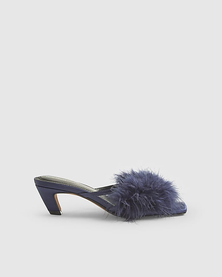 River Island Blue Feather Kitten Heel Mules
