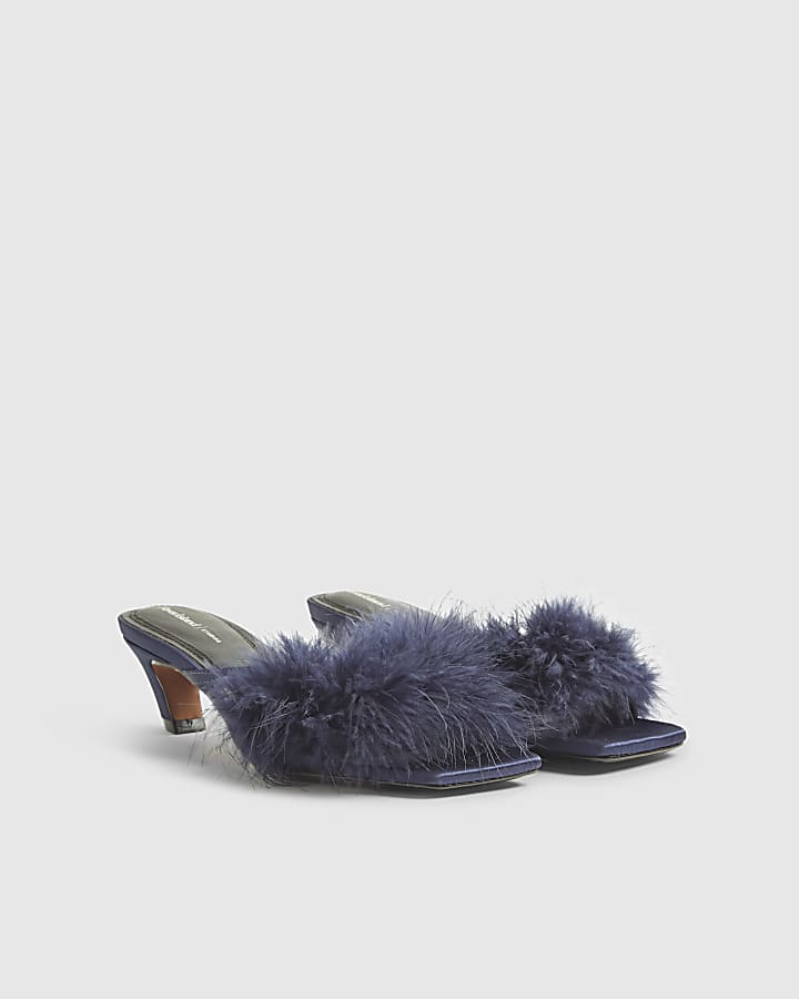 River Island Blue Feather Kitten Heel Mules