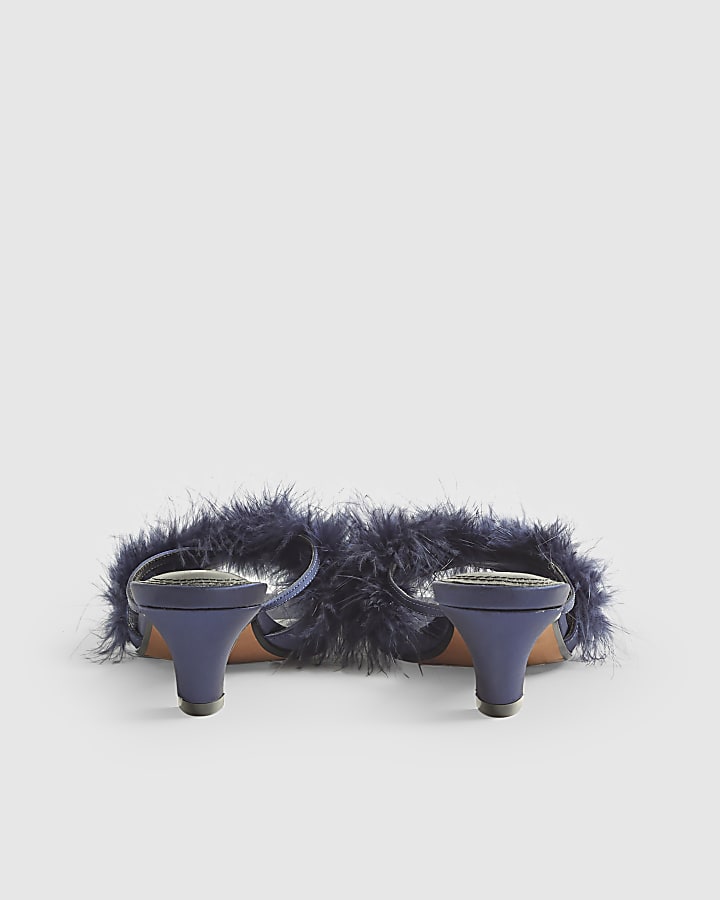 River Island Blue Feather Kitten Heel Mules