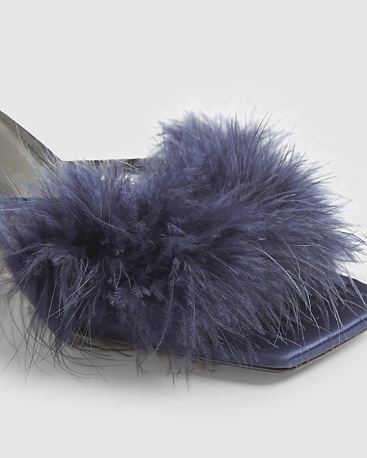 river island Blue Feather Kitten Heel Mules