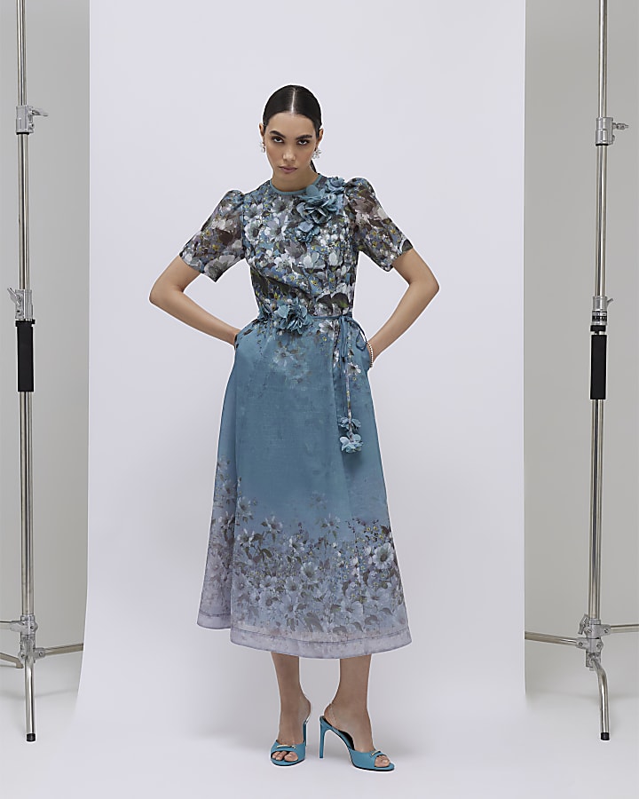 River Island Blue Floral 3D Corsage Midi Dress