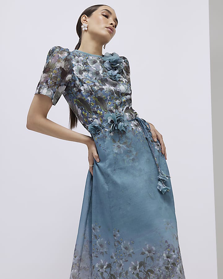 River Island Blue Floral 3D Corsage Midi Dress