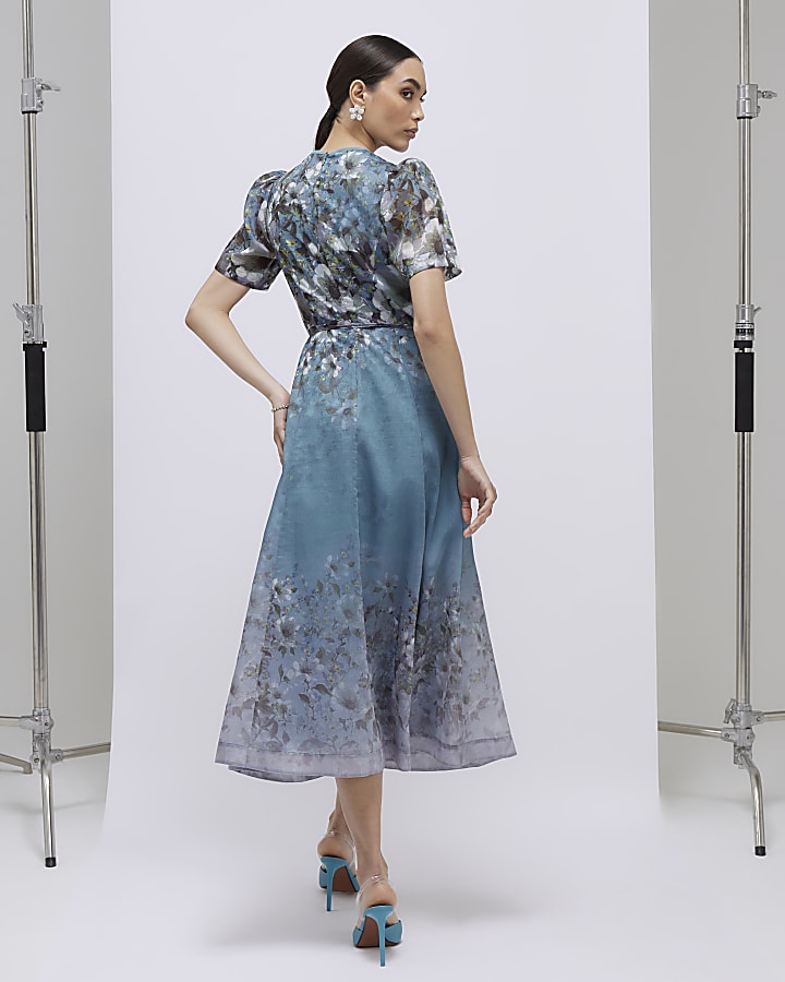 River Island Blue Floral 3D Corsage Midi Dress