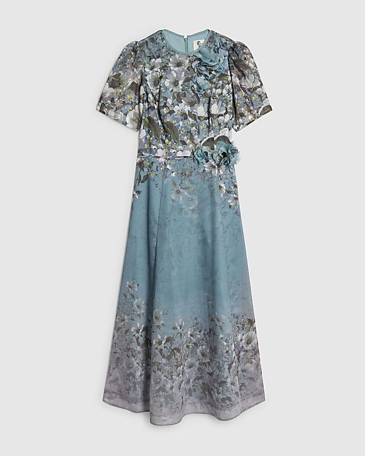 river island Blue Floral 3D Corsage Midi Dress