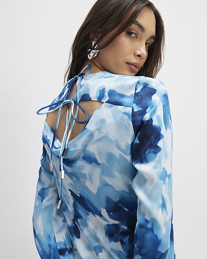 River Island Blue Floral Long Sleeve Midi Dress