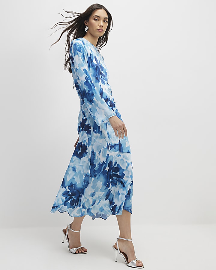 River Island Blue Floral Long Sleeve Midi Dress
