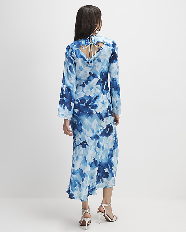 River Island Blue Floral Long Sleeve Midi Dress