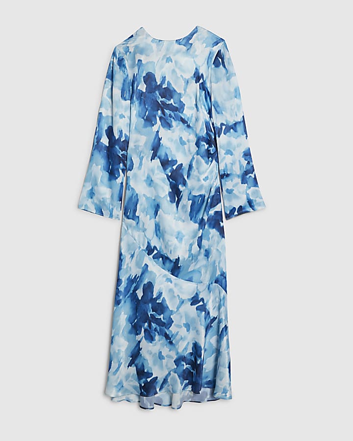 river island Blue Floral Long Sleeve Midi Dress