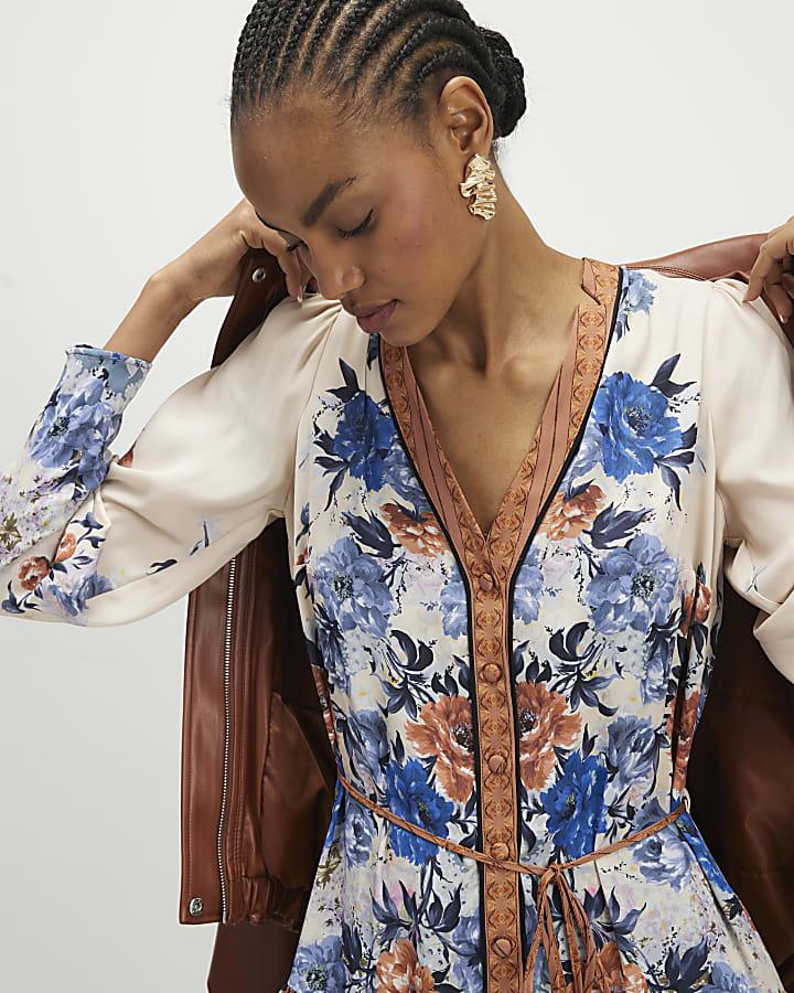 River Island Blue Floral Print Mini Shirt Dress