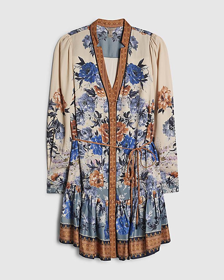 river island Blue Floral Print Mini Shirt Dress