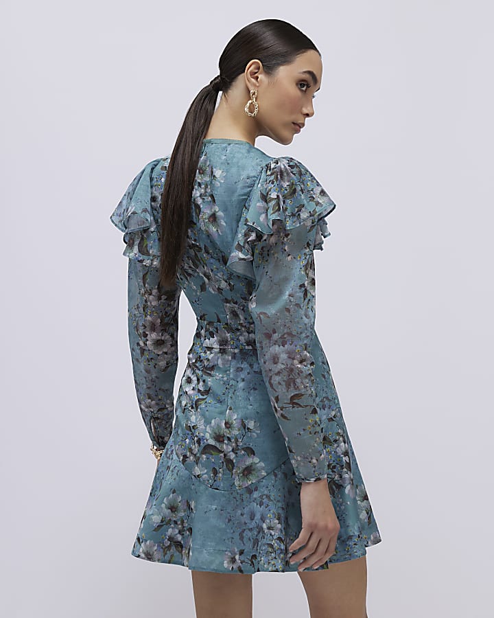 River Island Blue Floral Ruffle Mini Dress
