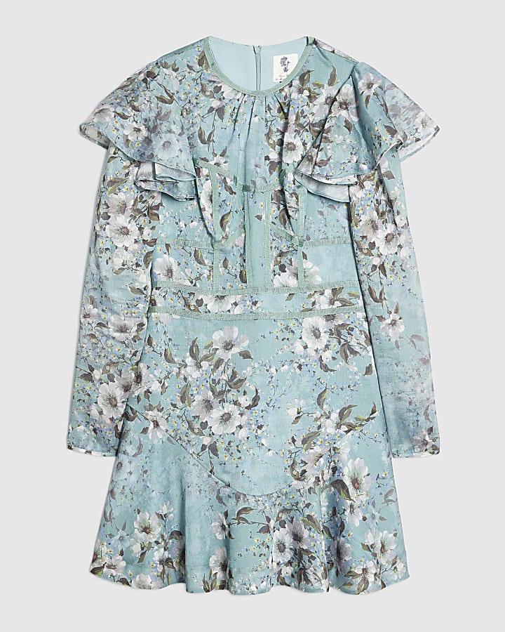 river island Blue Floral Ruffle Mini Dress