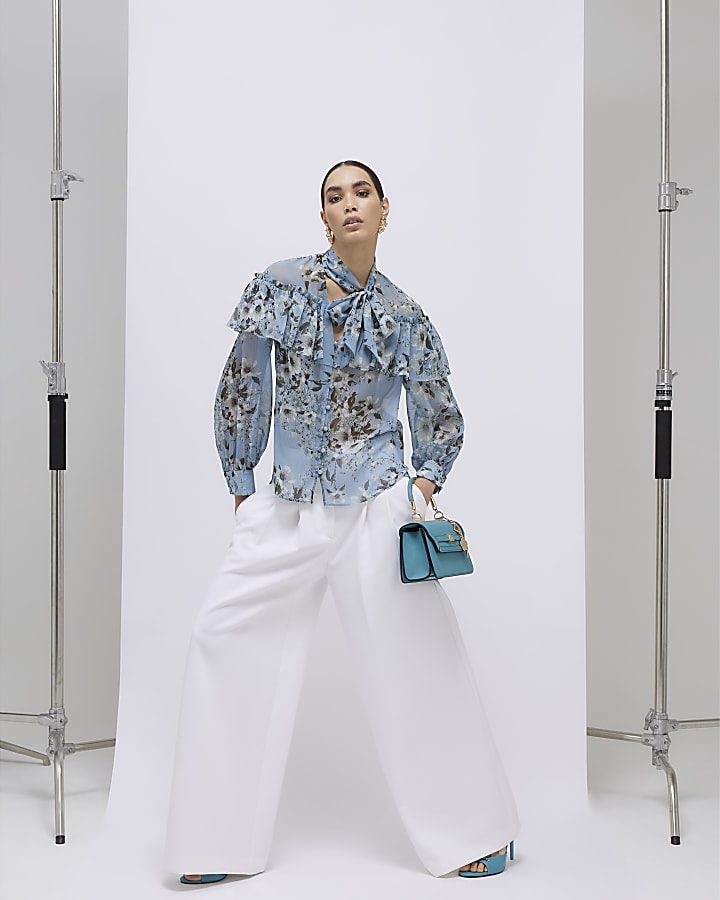 River Island Blue Floral Ruffle Tie Neck Blouse