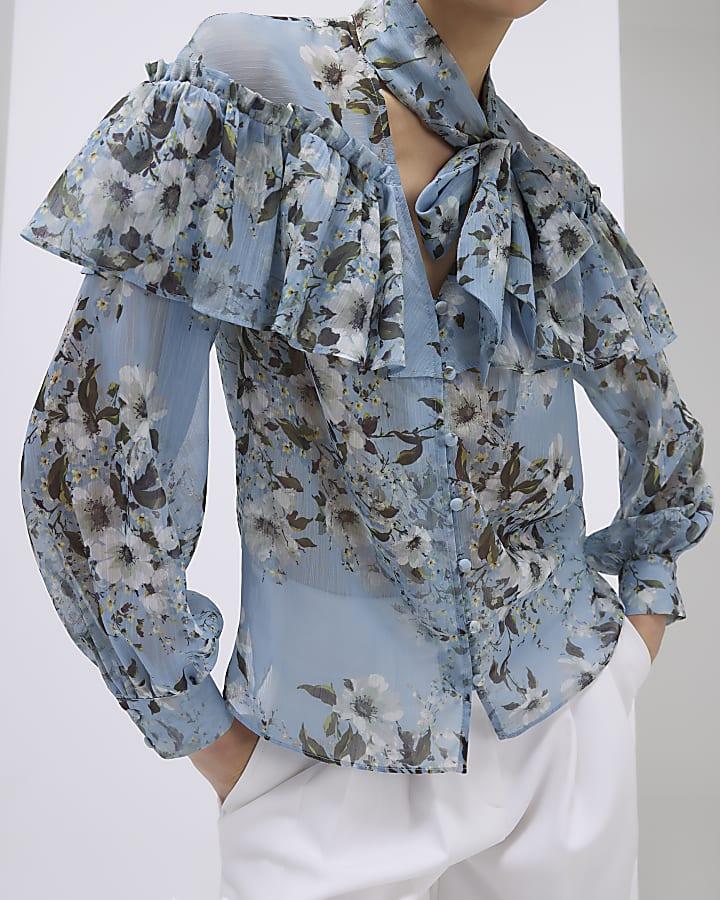 River Island Blue Floral Ruffle Tie Neck Blouse